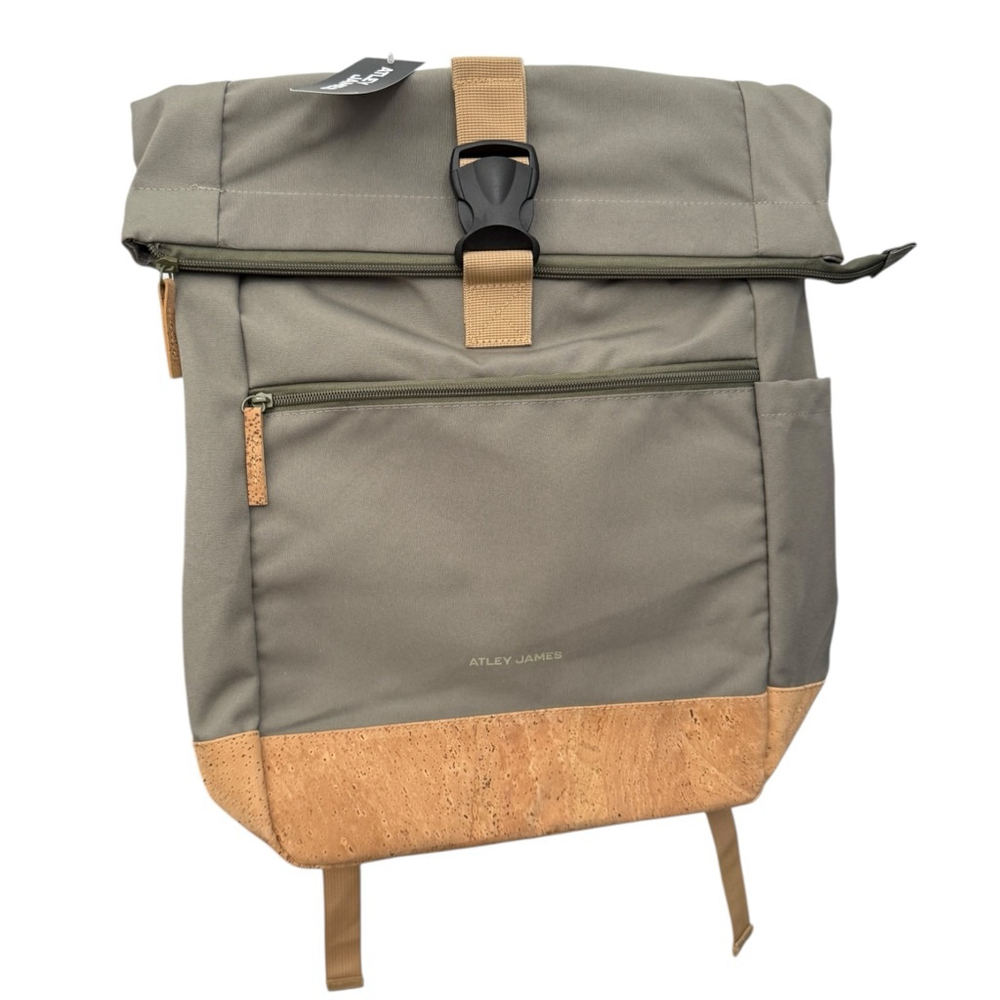 NWT Atley James Dakota Roll-Top Backpack - Khaki Tan with Cork Accents - Picture 2 of 4